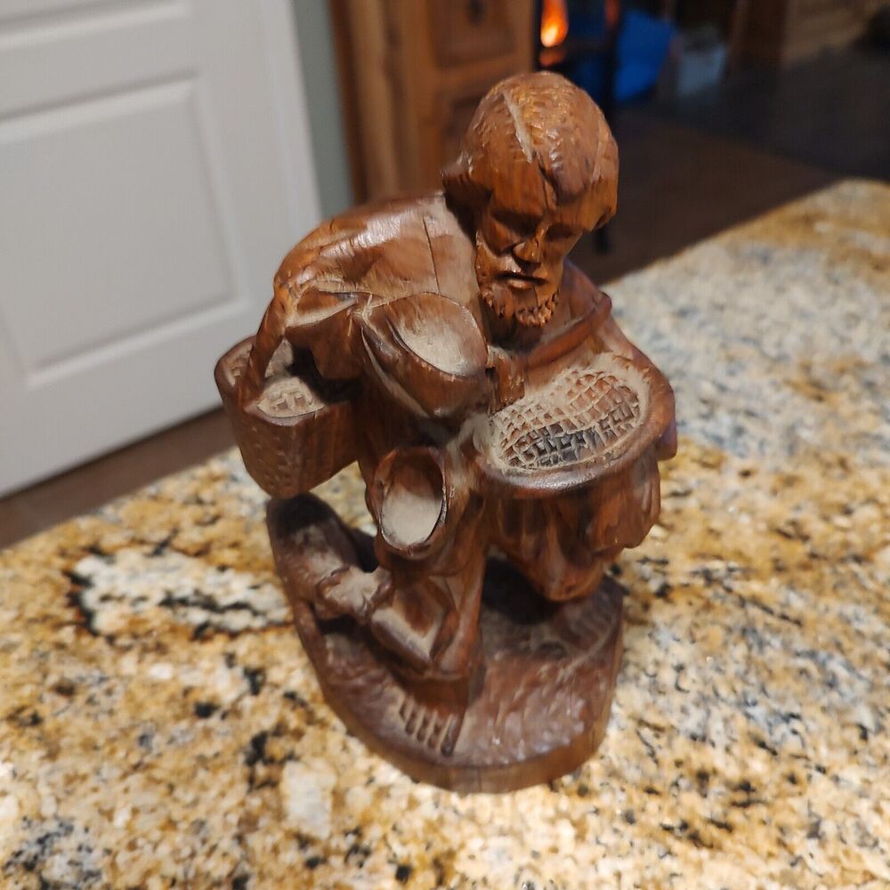 Vintage Hand Carved Wooden Man with Baskets & Dog Statue Figurine 7.5"x4.5"